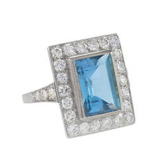 Art Deco 3.90 Carat Aquamarine Diamond Platinum Ring