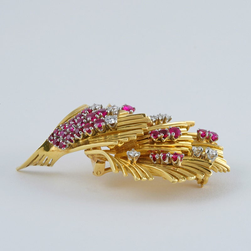 Women's Tiffany & Co. Mid-20th Century Ruby Diamond and Gold Brooch For Sale