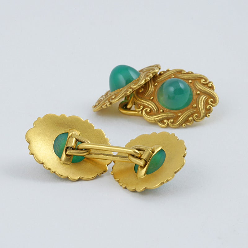 Cabochon Art Nouveau Green Chrysophrase and Gold Cuff Links For Sale