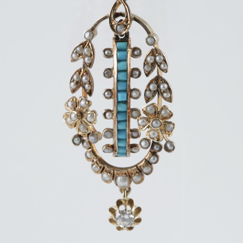 Women's Antique Seed Pearl Turquoise Diamond Earrings