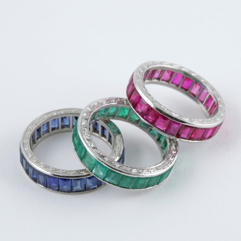Mid-20th Century Sapphire, Emerald, Ruby Platinum Eternity Rings In Excellent Condition In New York, NY