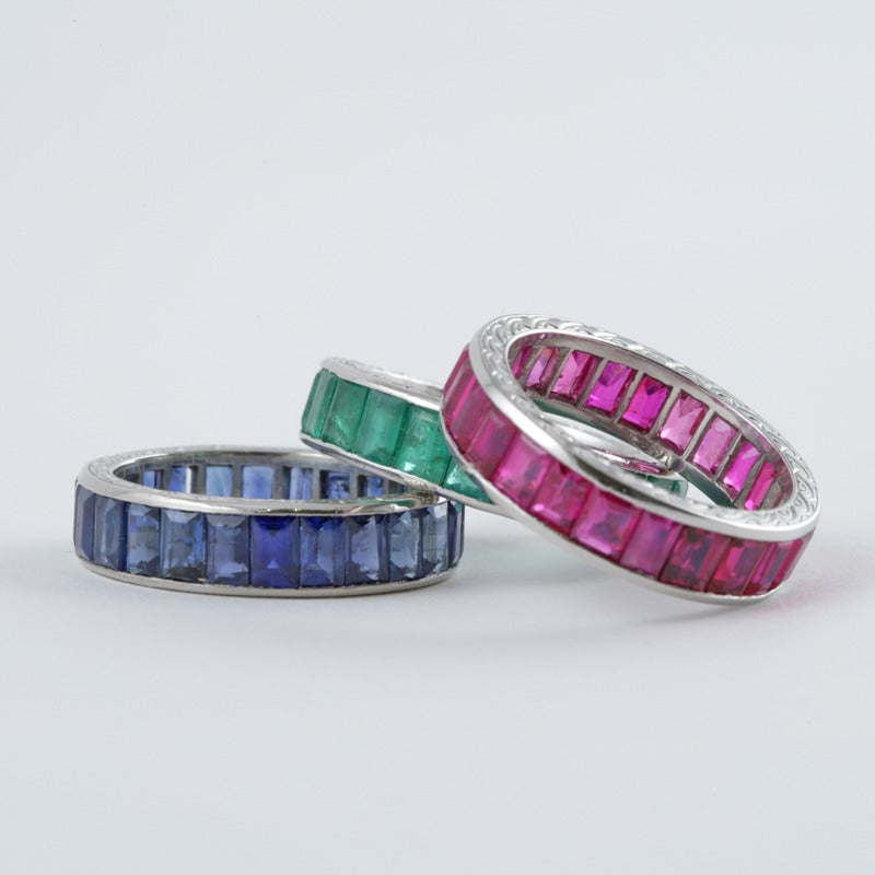 Women's Mid-20th Century Sapphire, Emerald, Ruby Platinum Eternity Rings