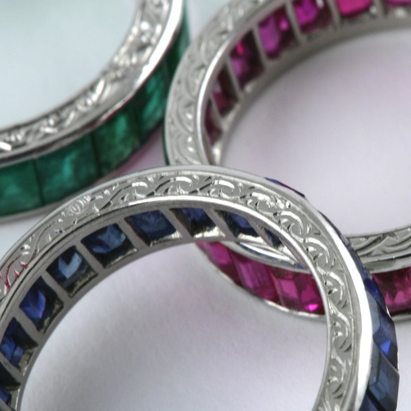 Mid-20th Century Sapphire, Emerald, Ruby Platinum Eternity Rings 1
