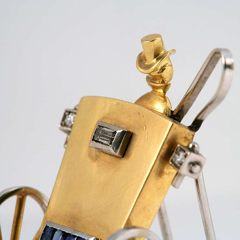 Women's Italian Mid-20th Century Sapphire Diamond Gold Hansom Cab Brooch