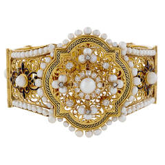 French Napoleon III Enamel Natural Pearl Diamond Gold Bracelet