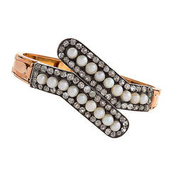 French Antique Pearl Diamond Gold Cross Over Bracelet