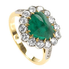 French Mid 20th Century Cabochon Emerald Diamond Gold Platinum Ring
