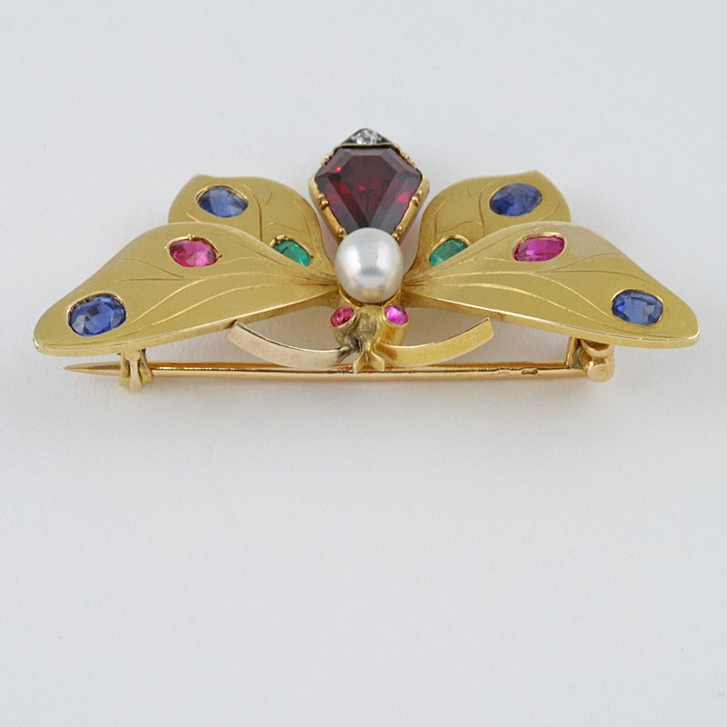 Austrian Art Nouveau Jeweled Butterfly Brooch In Excellent Condition In New York, NY