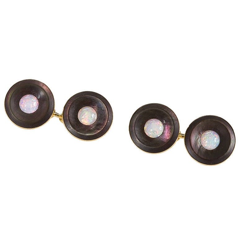 English 1940s Retro Mother-of-Pearl White Opal Gold Cuff Links