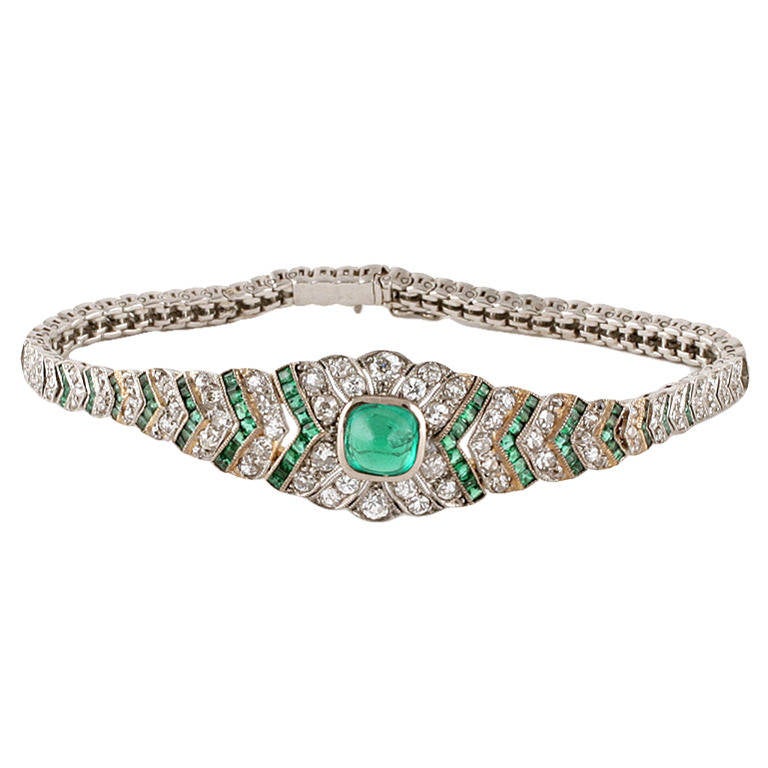 1920's Art Deco Diamond Emerald and Platinum Bracelet
