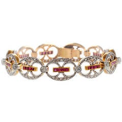 French Belle Epoque Ruby Diamond Gold and Platinum Bracelet