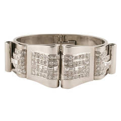 French Art Deco Platinum and Diamond Cuff Bracelet with Detachable Clips
