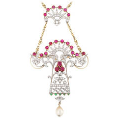 Art Nouveau Pearl Ruby Emerald Diamond Gold Pendant Necklace