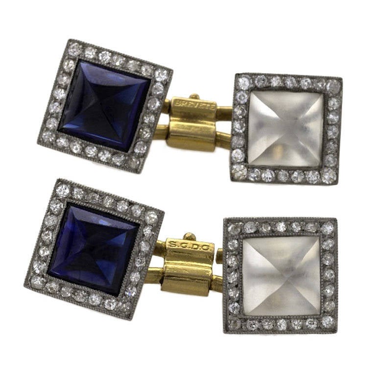 French Art Deco Crystal Sapphire Diamond Gold Platinum Cuff Links