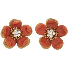 Vintage Van Cleef & Arpels Coral Diamond Gold Clematis Earrings