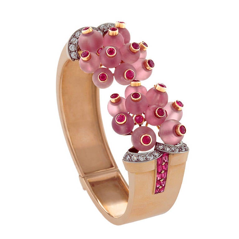 Georges Verger Rose Quartz and Ruby Cuff 