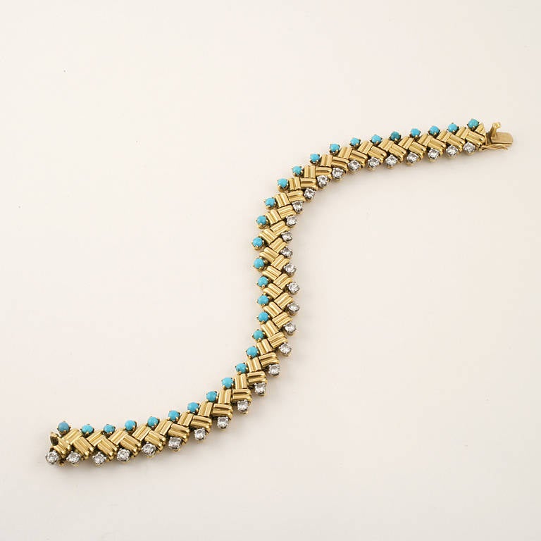 Van Cleef & Arpels 1950s Turquoise Diamond Gold Link Bracelet In Excellent Condition In New York, NY