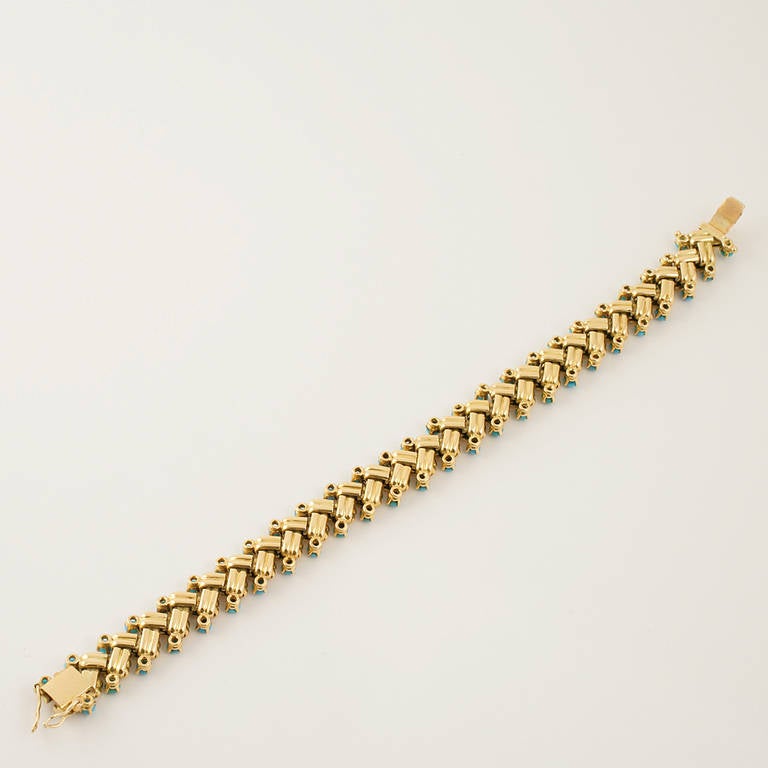 Women's Van Cleef & Arpels 1950s Turquoise Diamond Gold Link Bracelet