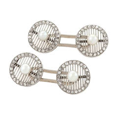 Portuguese Art Deco Pearl Diamond and Platinum Cuff Links