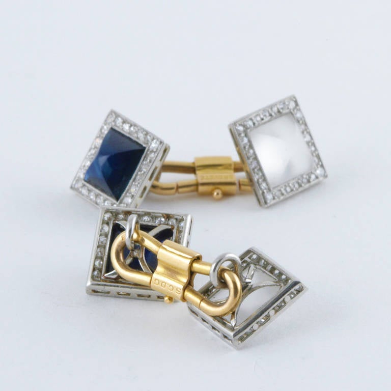 French Art Deco Crystal Sapphire Diamond Gold Platinum Cuff Links In Excellent Condition In New York, NY