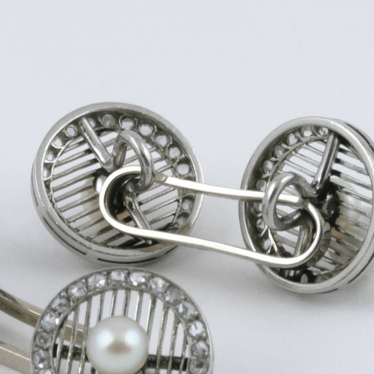 Portuguese Art Deco Pearl Diamond and Platinum Cuff Links In Excellent Condition In New York, NY