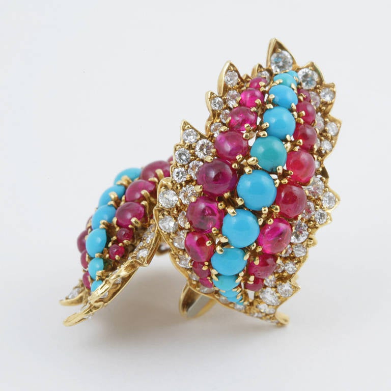 Women's David Webb 1960s Diamond Turquoise Ruby and Gold Earrings