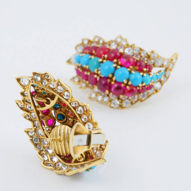 David Webb 1960s Diamond Turquoise Ruby and Gold Earrings In Excellent Condition In New York, NY