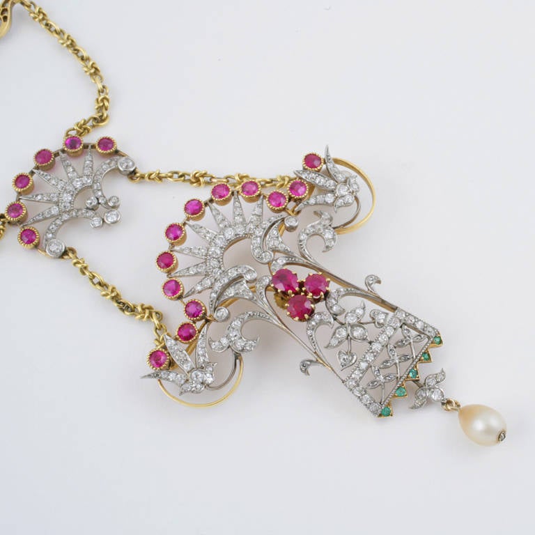 Art Nouveau Pearl Ruby Emerald Diamond Gold Pendant Necklace