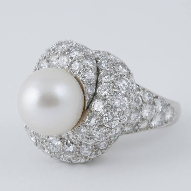Round Cut 1960's South Sea Pearl Diamond and Platinum Ring For Sale