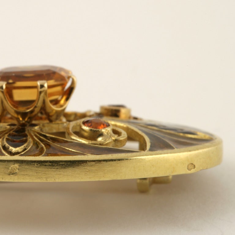 Feuillatre Art Nouveau Citrine Plique-a-Jour Enamel Gold Brooch