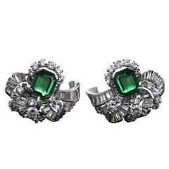 Art Deco Diamond, Emerald and Platinum Earrings