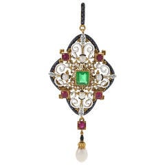 Giuliano Italian Renaissance Revival Pendant with Diamonds, Emerald & Rubies