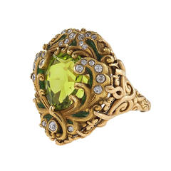 Marcus & Company Art Nouveau Diamond, Peridot, Gold and Enamel Ring