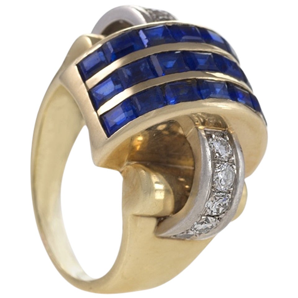 Trabert & Hoeffer Mauboussin Retro Sapphire Diamond Gold Ring