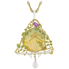 Lucien Gautrait French Art Nouveau Pearl Sapphire Diamond Pendant