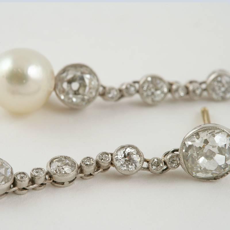 Art Deco Diamond, Natural Pearl and Platinum Earring In Excellent Condition In New York, NY