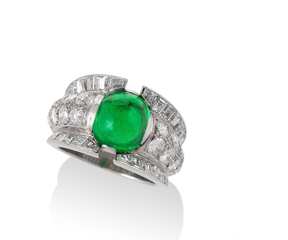 Cabochon French 1980s Century Colombian Emerald and Diamond Ring