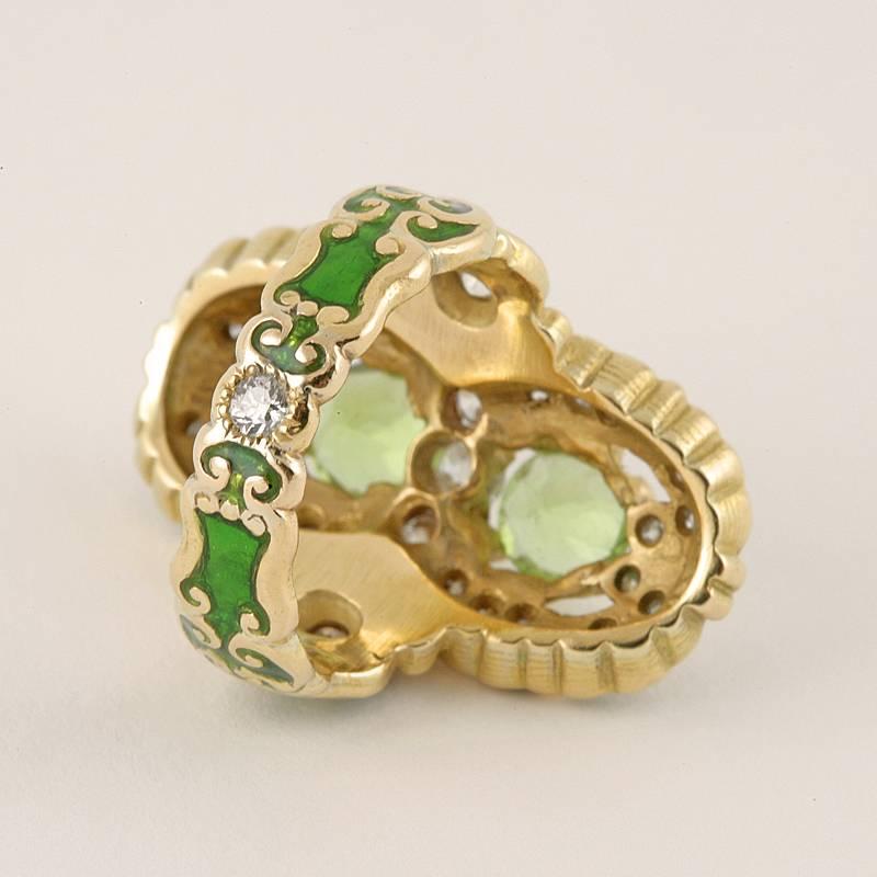 Marcus Marcus & Company Jugendstil Ring mit Peridot, Diamant, Gold und Emaille im Zustand „Hervorragend“ in New York, NY