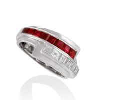 Raymond Yard 1930's Retro Diamond, Ruby and Platinum Ribbon Ring