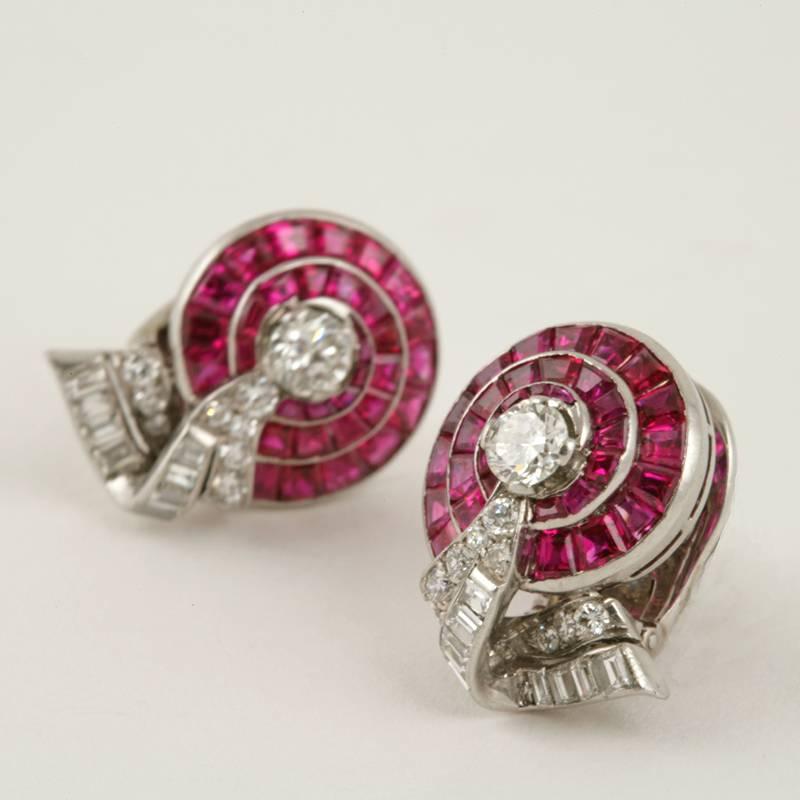 Retro Diamond, Ruby and Platinum Earrings In Excellent Condition In New York, NY