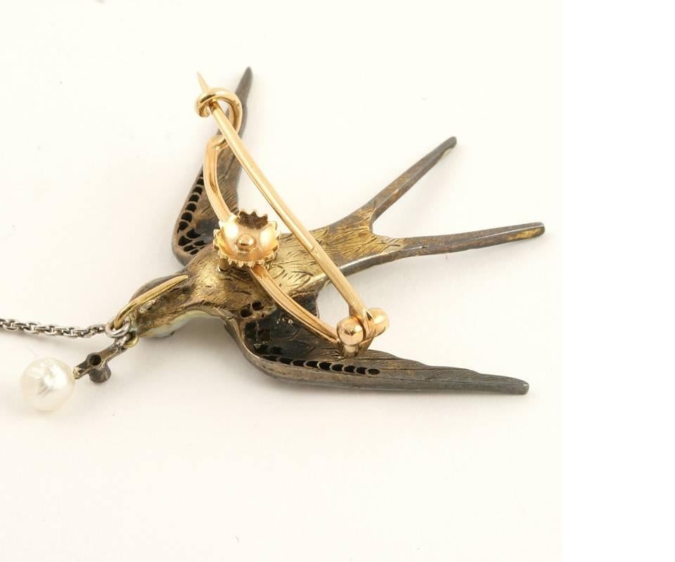 Women's French Antique Diamond, Pearl, Platinum, Gold and Silver Set of Swallow Brooches