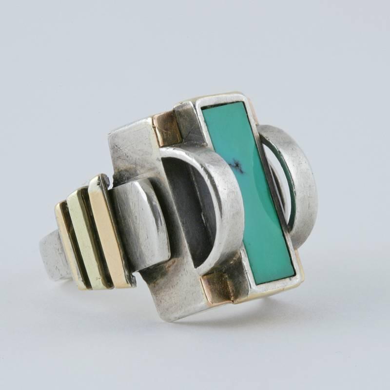 Jean Després Art Deco Turquoise Silver Gold Ring For Sale at 1stdibs