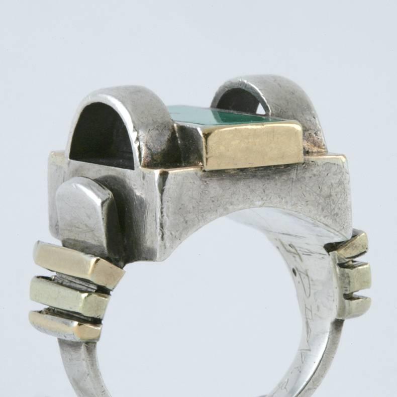 Jean Després 1930's Art Deco Turquoise Silver Gold Ring In Excellent Condition In New York, NY
