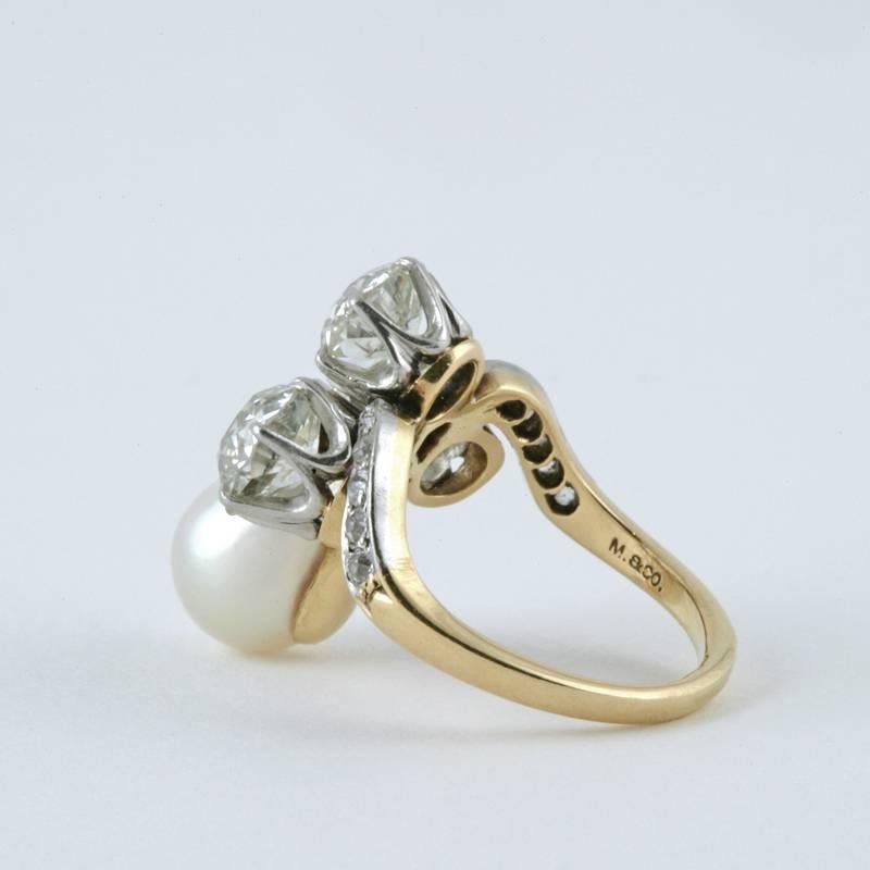 Old European Cut Marcus & Co. Early 20th Century Natural Pearl Diamond Platinum and Gold Ring