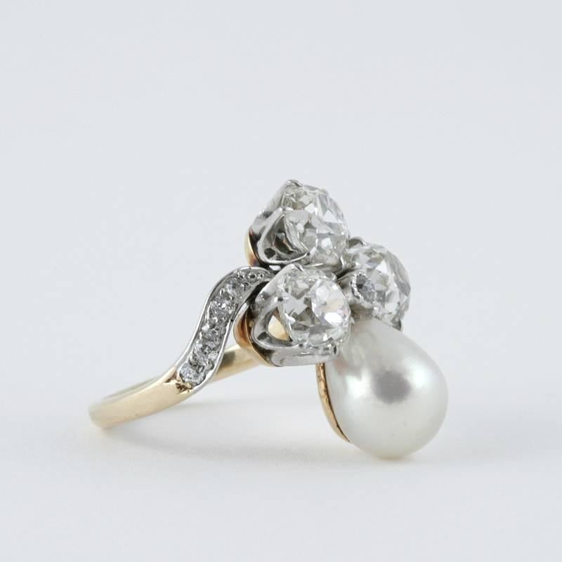 Marcus & Co. Early 20th Century Natural Pearl Diamond Platinum and Gold Ring In Excellent Condition In New York, NY