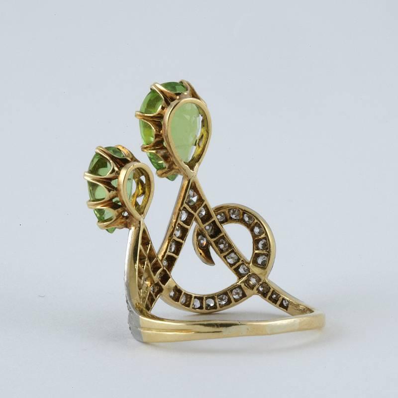 Women's Maison Péconnet French Art Nouveau Peridot, Diamond, Platinum and Gold Ring