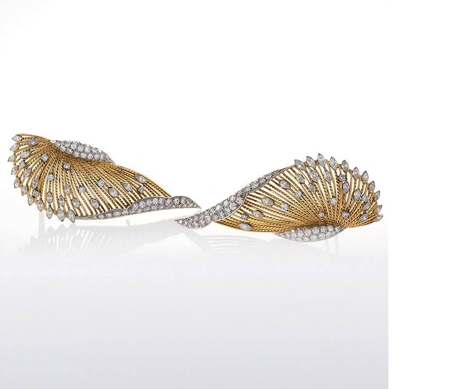 Pair Pierre Sterlé 1950's Diamond Gold Platinum Clip Brooches In Excellent Condition In New York, NY