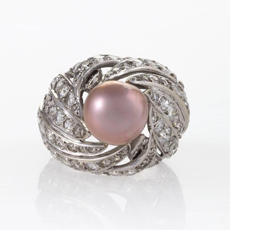 Brilliant Cut Sterlé Paris 1950s Natural Pearl Diamond Gold Ring For Sale