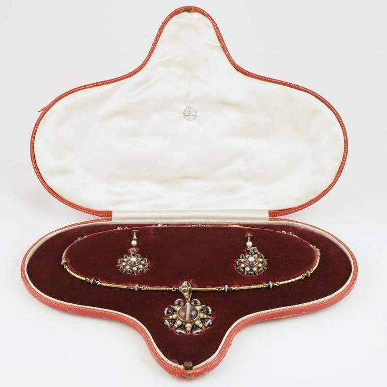 Victorian Demi-Parure of Banded Agate and Pearl at 1stdibs