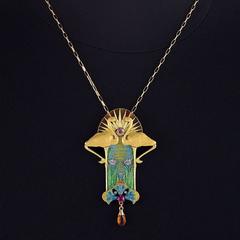 Feuillâtre French Art Nouveau Diamond Ruby Citrine Enamel Gold Pendant